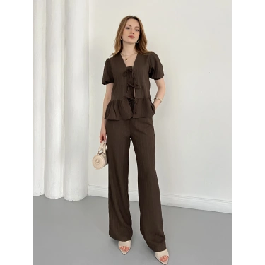 Modal Kumaş Bel Büzgü Detaylı Rahat Takım Kahve