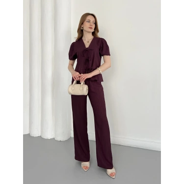 Modal Kumaş Bel Büzgü Detaylı Rahat Takım Mürdüm