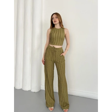 Gofre Kumaş Ters Dikiş Halter Yaka Takım Yeşil