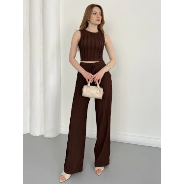 Gofre Kumaş Ters Dikiş Halter Yaka Takım Lacivert