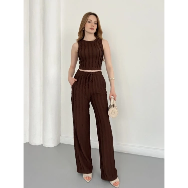 Gofre Kumaş Ters Dikiş Halter Yaka Takım Kahve