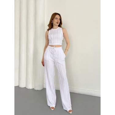 Gofre Kumaş Ters Dikiş Halter Yaka Takım Beyaz