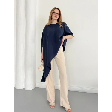 Asimetrik Kesim Vatkalı Tasarım Bluz Lacivert