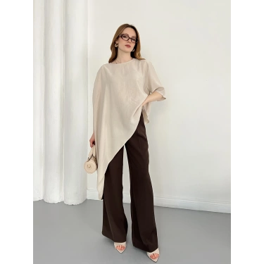 Asimetrik Kesim Vatkalı Tasarım Bluz Bej