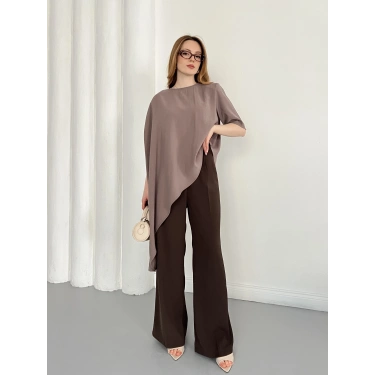 Asimetrik Kesim Vatkalı Tasarım Bluz Vizon