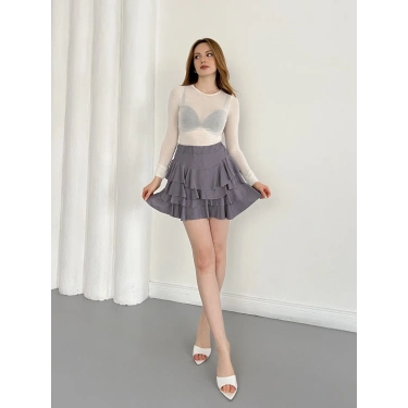 İçi Şortlu Fırfırlı Etek Gri