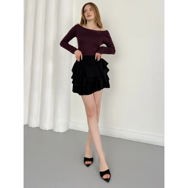 İçi Şortlu Fırfırlı Etek Siyah