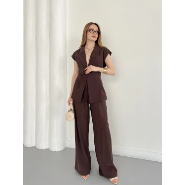 Tasarım Yelek Pantolon Takım Kahve