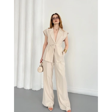 Tasarım Yelek Pantolon Takım Bej