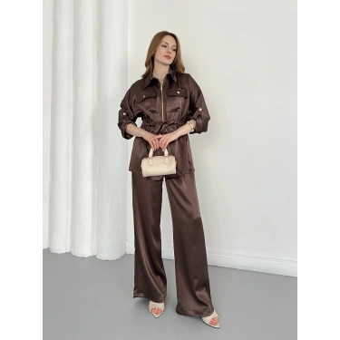 Belden Bağlama Detaylı Fermuarlı Saten Takım Kahve