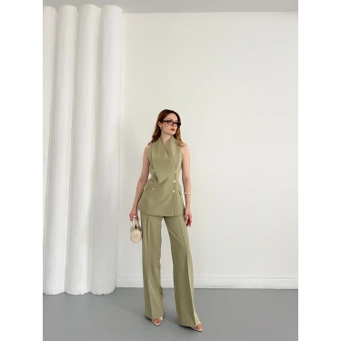 Gold Düğmeli Yelekli Pantolon Takım Haki