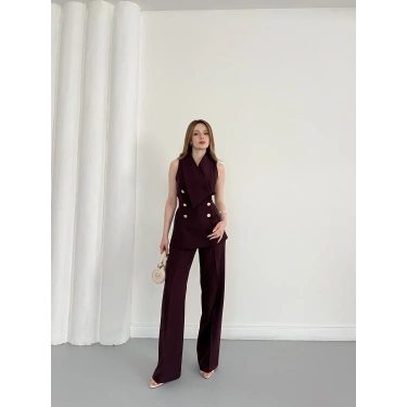 Gold Düğmeli Yelekli Pantolon Takım Mürdüm