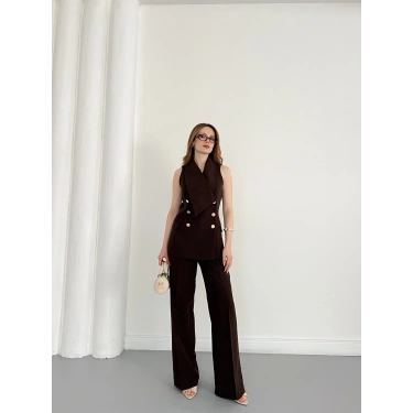 Gold Düğmeli Yelekli Pantolon Takım Kahve