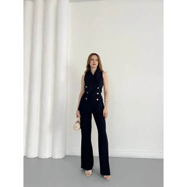 Gold Düğmeli Yelekli Pantolon Takım Lacivert