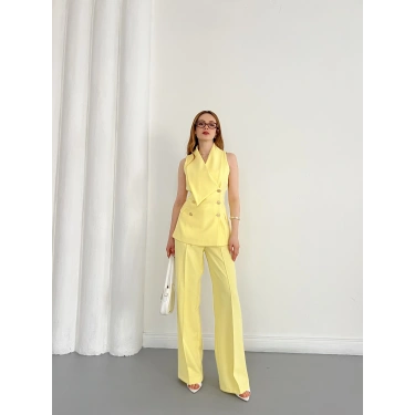 Gold Düğmeli Yelekli Pantolon Takım Sarı