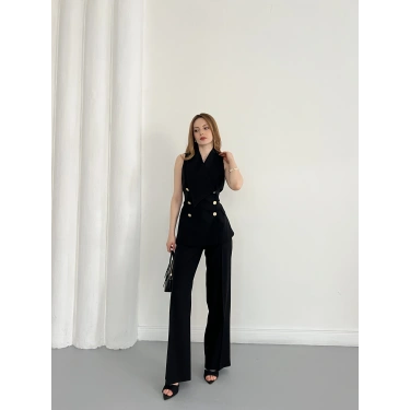 Gold Düğmeli Yelekli Pantolon Takım Siyah