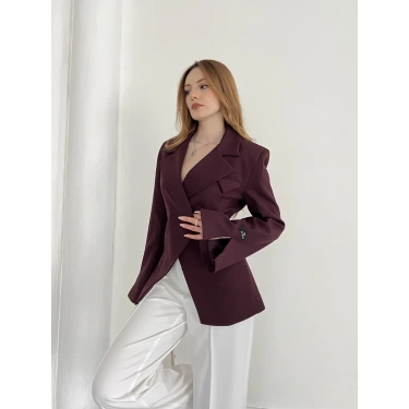 Kruvaze Yaka Tek Düğme Detaylı Tasarım Ceket Mürdüm