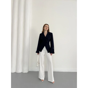 Kruvaze Yaka Tek Düğme Detaylı Tasarım Ceket Lacivert