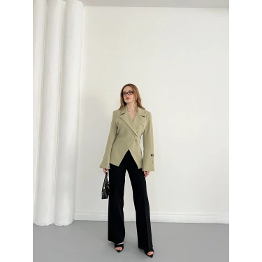 Kruvaze Yaka Tek Düğme Detaylı Tasarım Ceket Haki