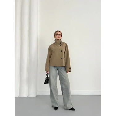 Dik Yaka Düğme Detaylı Trenckot Haki