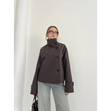 Dik Yaka Düğme Detaylı Trenckot Kahve