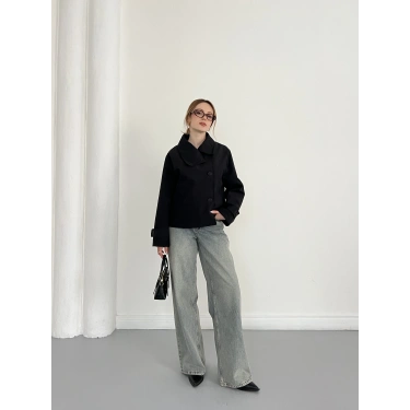 Dik Yaka Düğme Detaylı Trenckot Siyah