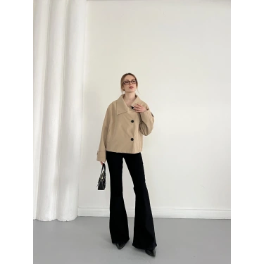 Dik Yaka Düğme Detaylı Trenckot Camel