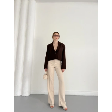 Kruvaze Yaka Tek Düğme Detay Crop Ceket Kahve