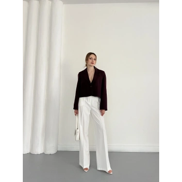 Kruvaze Yaka Tek Düğme Detay Crop Ceket Mürdüm