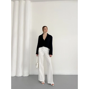 Kruvaze Yaka Tek Düğme Detay Crop Ceket Lacivert