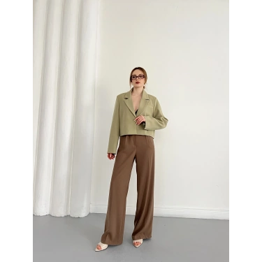 Kruvaze Yaka Tek Düğme Detay Crop Ceket Haki