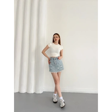 Yıkamalı Düğme Detaylı Denim Etek Mavi