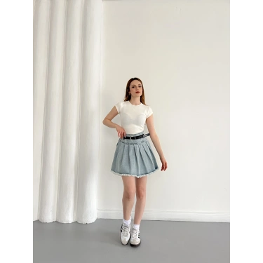 Kemer Detaylı Piliseli Denim Etek Mavi