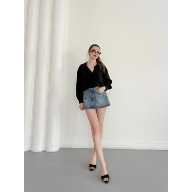 Cep Detaylı Oversize Salaş Crep Gömlek Siyah