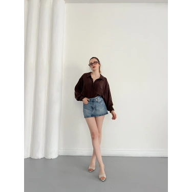 Cep Detaylı Oversize Salaş Crep Gömlek Kahve