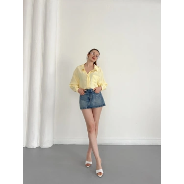 Cep Detaylı Oversize Salaş Crep Gömlek Sarı