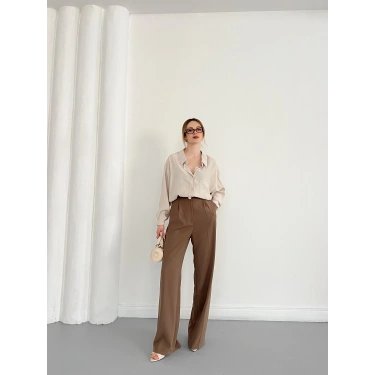 Cep Detaylı Oversize Salaş Crep Gömlek Bej