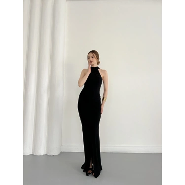 Boyundan Bağlamalı Omuz Detaylı Elbise Siyah