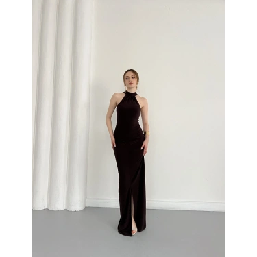 Boyundan Bağlamalı Omuz Detaylı Elbise Kahve