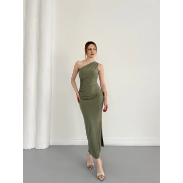 Tek Omuz Büzgü Detaylı Yırmaçlı Sandy Elbise Haki