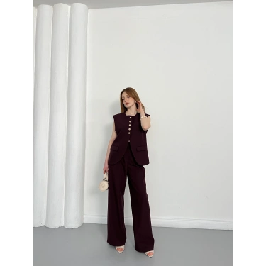 Gold Düğme Detaylı Tasarım Yelekli Takım Mürdüm