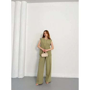 Gold Düğme Detaylı Tasarım Yelekli Takım Haki