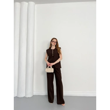 Gold Düğme Detaylı Tasarım Yelekli Takım Kahve