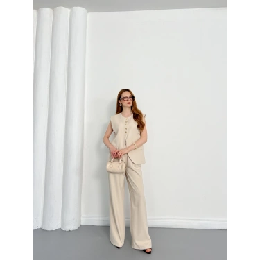 Gold Düğme Detaylı Tasarım Yelekli Takım Bej