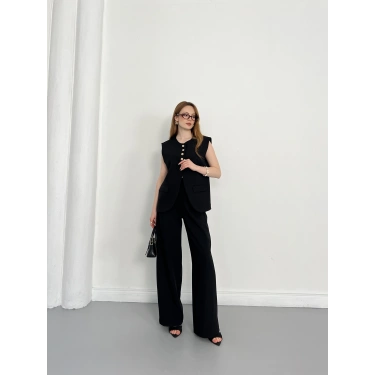 Gold Düğme Detaylı Tasarım Yelekli Takım Siyah