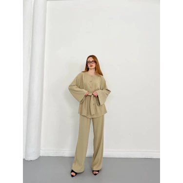 Düğme Detaylı Bel Kuşaklı İspanyol Kol Takım Haki
