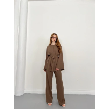 Düğme Detaylı Bel Kuşaklı İspanyol Kol Takım Kahve