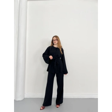 Düğme Detaylı Bel Kuşaklı İspanyol Kol Takım Siyah