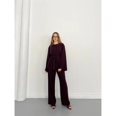 Düğme Detaylı Bel Kuşaklı İspanyol Kol Takım Mürdüm