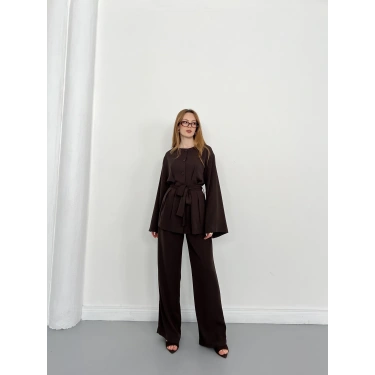 Düğme Detaylı Bel Kuşaklı İspanyol Kol Takım Acı Kahve